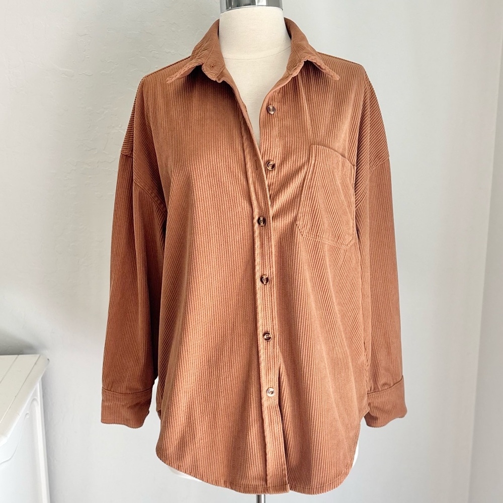 Copper Tan Corduroy Long Sleeve Collared Button Down Jacket Shirt Shacket, M